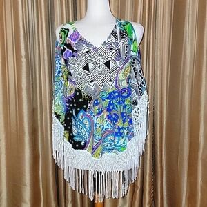 Chicos Boho Cold Shoulder Fringe  Paisley Tunic Size Small